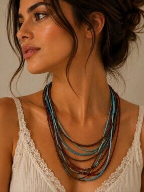 Cowboy Core Western Boho Layered Torsade Beaded Necklace